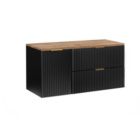Meuble sous vasque NOXERA 120 cm – Noir mat & chêne – 2 tiroirs + porte panier + plan vasque (1/2)