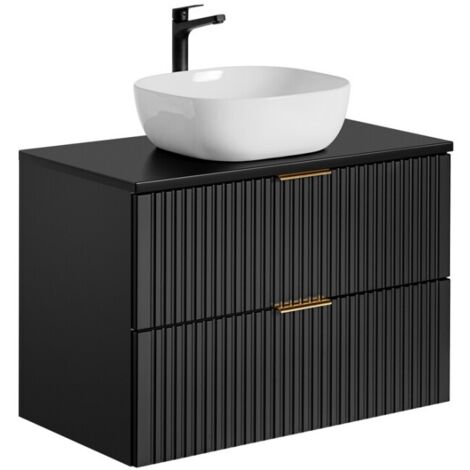 Meuble sous vasque NOXERA 80 cm – Noir mat – 2 tiroirs + plan vasque + vasque (1/2)