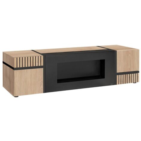 Meublorama – Meuble TV CRISS avec cheminée bio-éthanol – 2 portes – L150 × H50 × P50 cm – Chêne clair et noir – Style industriel (1/2)