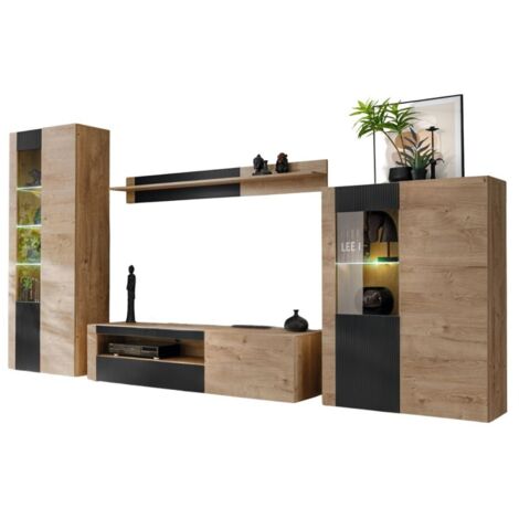 Meublorama – Ensemble de meubles de salon – Chêne clair et noir – Dimensions L320 x H192 x P45 cm – Design industriel moderne avec rangement optimisé (1/5)