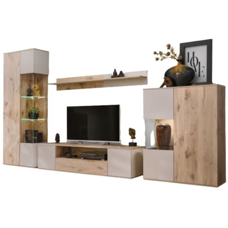 Ensemble de salon ERINA – Vitrine, meuble TV, étagère murale et buffet haut – Chêne clair et beige (1/5)