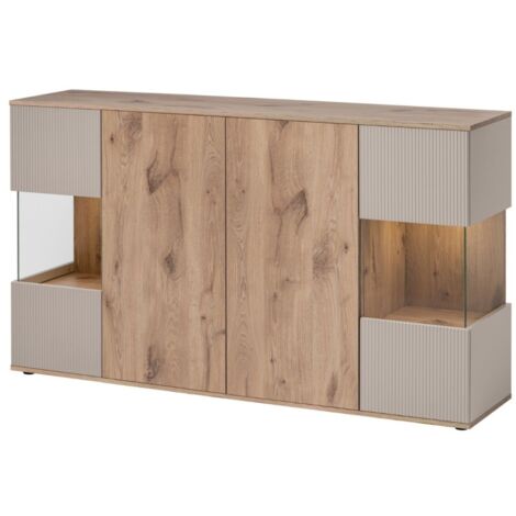 Buffet ERINA – 2 portes, 4 tiroirs – Chêne clair & beige (1/3)