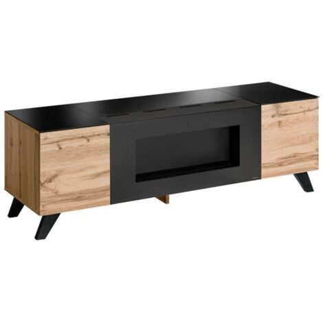 Meublorama – Meuble TV TINO avec cheminée bio-éthanol – Chêne Wotan et noir – L150 × H47 × P45 cm – 2 portes de rangement (1/2)