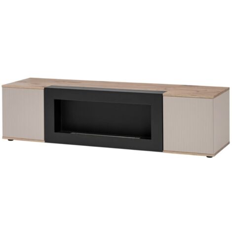 Meublorama – Meuble TV scandinave avec cheminée bio-éthanol intégrée – Chêne clair et beige – L160 × H42 × P45 cm – Rangements discrets (1/4)