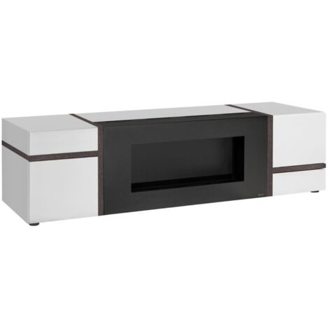 Meuble TV CRISS avec cheminée bio-éthanol – Blanc brillant – L150 cm (1/3)