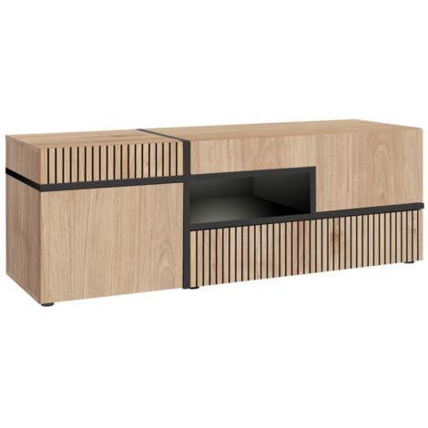 Meuble TV CRISS – 2 portes, 1 tiroir, LED – Chêne clair et noir (1/5)