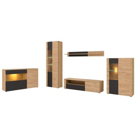Salon complet DOUM – Buffet bas, vitrine, meuble TV, buffet haut et étagère murale – Chêne clair et noir