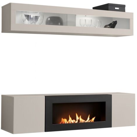 Meublorama – Composition murale FLY cachemire – Vitrine horizontale avec éclairage LED – Meuble TV cheminée bio-éthanol – Dimensions L160 x H150 x P40 cm (1/4)