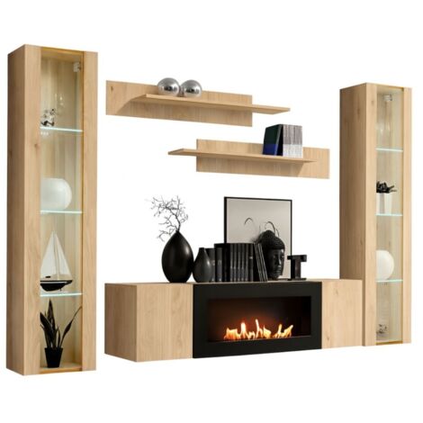 Meublorama – Composition murale FLY – Chêne clair – Vitrines vitrées LED – Meuble TV avec cheminée bio-éthanol – Dimensions L260 x H170 x P40 cm