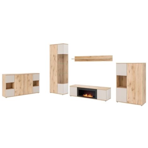 Ensemble salon complet ERINA – Buffet bas, Buffet haut, Vitrine, Étagère, Meuble TV cheminée bio-éthanol – Chêne clair et beige