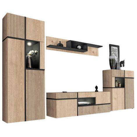 Meublorama – Ensemble de meubles de salon – Meuble TV 150x50x50cm avec LED – Buffet haut 90x110x40cm – Vitrine 70x195x40cm – Chêne clair et noir