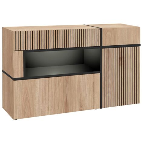 Buffet CRISS – 2 portes, 2 tiroirs, LED – Chêne clair et noir (1/5)