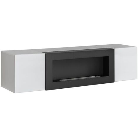 Meuble TV FLY avec cheminée bio-éthanol intégrée – Noir et blanc – Design moderne (1/4)
