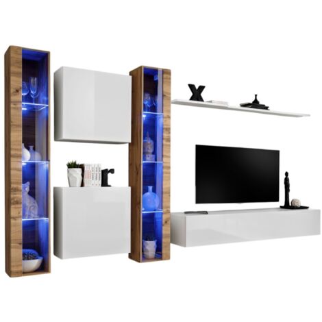 Ensemble meuble salon mural SWITCH XVI design, coloris blanc brillant et chêne Wotan. (1/2)