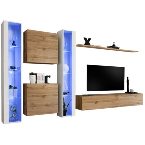 Ensemble meuble salon mural SWITCH XVI design, coloris chêne Wotan et blanc brillant. (1/2)