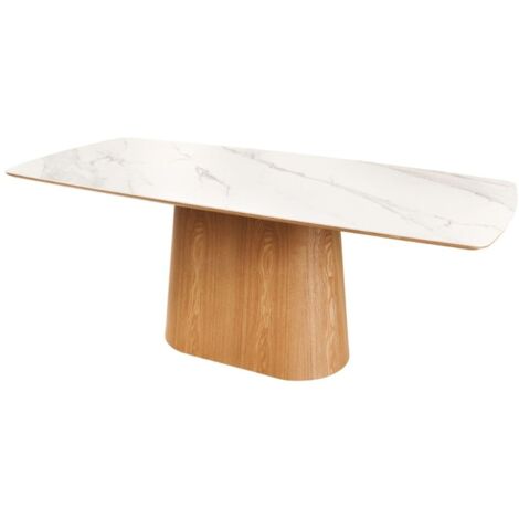 Table de salle à manger LUMEA – Rectangulaire 200 cm – Plateau céramique effet marbre blanc et pied aspect bois clair (1/5)