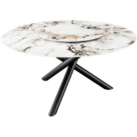 Table AXYA – Ronde 150 cm – Plateau en céramique et verre trempé effet marbre blanc avec plateau supérieur tournant (1/5)