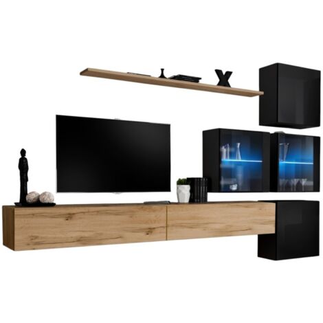 Ensemble meubles de salon SWITCH XIX design, coloris chêne Wotan et noir brillant. (1/2)