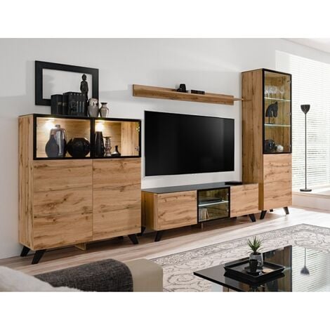 ENSEMBLE MEUBLES DE SALON TINO composé de trois meubles et d'une étagère de style industriel. - Marron