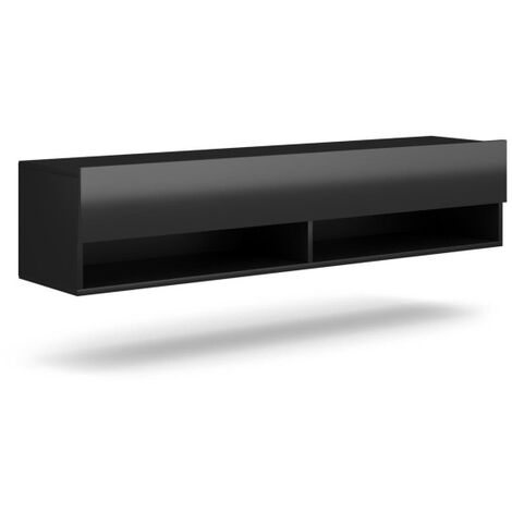 Meuble TV suspendu design CLUJ, 140 cm, 1 porte et 2 niches, coloris noir et noir brillant. - Noir