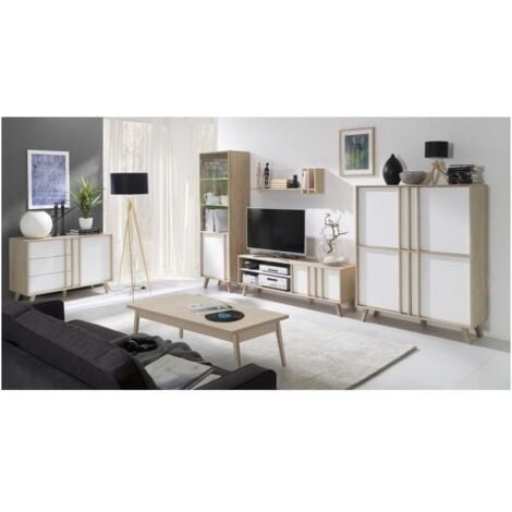 Ensemble de meubles style Scandinave pour votre salon coloris chêne clair et blanc. Collection MALMO - Blanc
