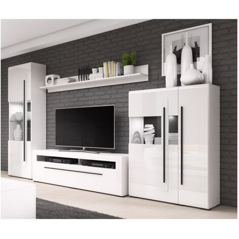 Meublorama – Ensemble de meubles de salon BREDA – Vitrine 1 porte avec LED – Vitrine XL 2 portes – Meuble TV avec tiroir – Finition blanc mat et brillant (1/5)