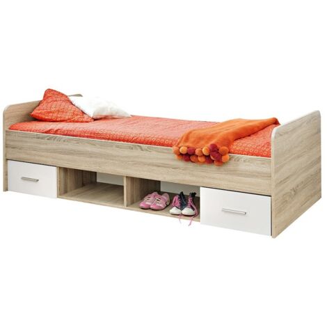 Lit enfant 90x200 collection DENVER. coloris chêne et blanc. Tiroirs inclus (1/4)