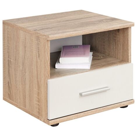 Table de chevet DENVER – 1 tiroir + 1 niche – Chêne clair et blanc – Style scandinave (1/2)