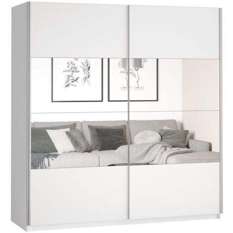 Meublorama – Armoire modulable 220cm – 2 portes coulissantes avec miroirs – MDF blanc mat – Penderie + 5 étagères pour rangement optimisé (1/5)