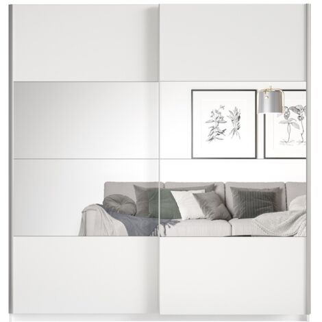 Meublorama – Armoire penderie 180cm – 2 portes coulissantes avec miroirs modulables – MDF blanc mat – Dimensions L 180 x P 61 x H 210 cm (1/5)