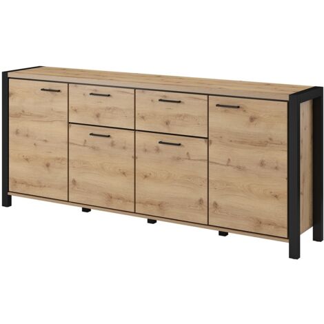 Buffet 210cm collection TIVORA 4 portes, 2 tiroirs. Couleur chêne et noir (1/5)