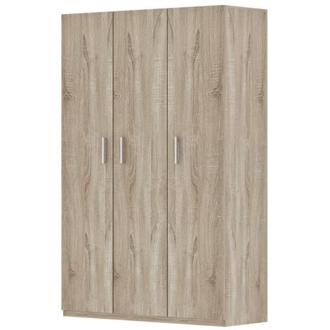 Meublorama – Armoire 3 portes chêne sonoma – Dimensions L 120 x P 42 x H 180 cm – 8 étagères verticales pour 10 casiers de rangement (1/5)