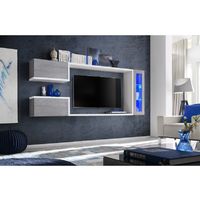Meuble tv suspendu, meuble de salon complet SATURNE. Composition murale moderne et design. LED incluses - Blanc
