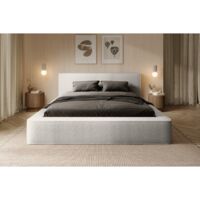Lit coffre VELORA – Blanc alpin bouclé – 140x200 cm – Tissu velours doux – Sommier relevable – Rangement intégré