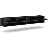 Meuble TV suspendu design CLUJ, 200 cm, 2 portes et 4 niches, coloris noir et noir brillant. - Noir