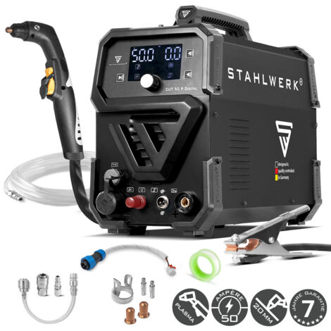 STAHLWERK Plasmaschneider CUT 50 P Digital – Plasmaschneidgerät mit 50 A, Schneidleistung bis 20 mm, HF-Pilotzündung, THC-Schnittstelle für CNC-Höhenregelung, Inverter Plasma Cutter