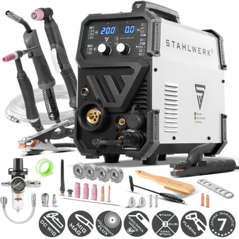 STAHLWERK Schweißgerät 4-in-1 Kombi CTM-250 ST – WIG, MIG/MAG, MMA (E-Hand/ARC), FLUX (Fülldraht) bis 200 A, CUT (Plasma) bis 45 A, Schneidleistung bis 14 mm, Parameter einstellbar, IGBT-Technologie