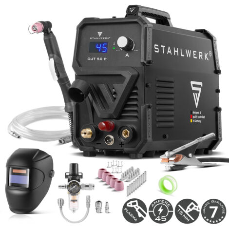 STAHLWERK Plasmaschneider CUT 50 P – Vollausstattung – Plasmaschneidgerät mit 15 bis 45 A, Schneidleistung bis 15 mm, Plasma Cutter mit HF-Pilotzündung, Smart-Kühlung, einfache Bedienung, viel Zubehör