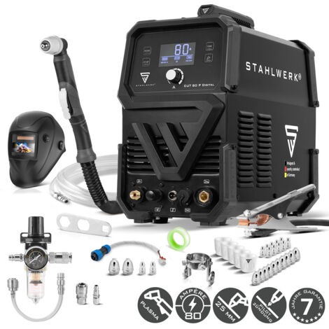 STAHLWERK Plasmaschneider CUT 80 P Digital – Vollausstattung – Plasmaschneidgerät mit 80 A, Schneidleistung bis 25 mm, Inverter Plasma Cutter, HF-Pilotzündung, THC-Schnittstelle für CNC-Höhenregelung