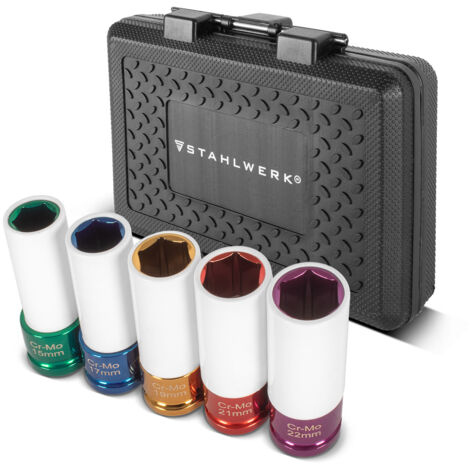 STAHLWERK Schlagschrauber Nüsse-Set 1/2" Antrieb – 5 Schonnüsse 15, 17, 19, 21 und 22 mm, für einfachen Radwechsel, Cr-Mo, Stecknüsse für Alufelgen mit Felgenschutz, 6-Punkt, farbig codiert