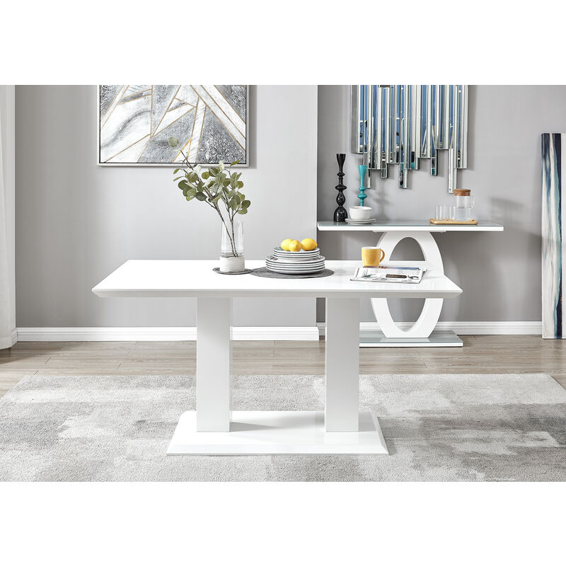 Imperia 6 White High Gloss Dining Table, Rectangular Pedestal Table White