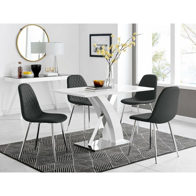 Chrome Metal Rectangle Dining Table, Black And Silver Dining Chairs Set Of 4