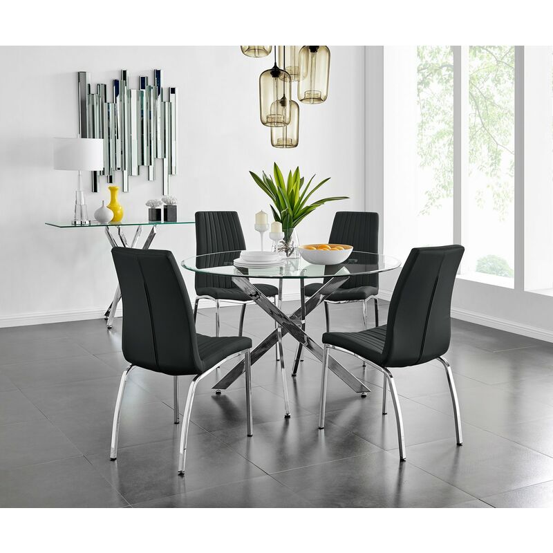 Novara Chrome Metal And Glass Large, Large Glass Dining Room Table And Chairs