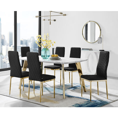 Furniturebox Andria Gold Leg Marble Effect Dining Table and 6 Black ...