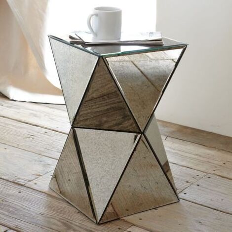 Diamond Mirrored Bedside Side Table, Wood Mirrored Side Table
