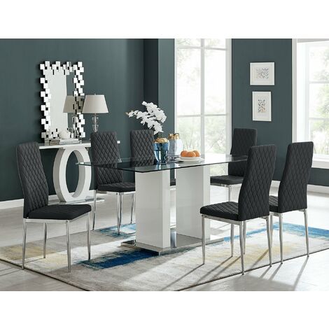 High Gloss And Glass Dining Table, Glass Dining Table Set And 6 Black Chairs