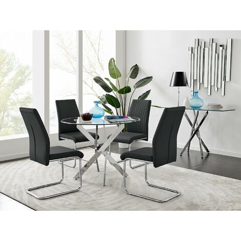 Novara Chrome Metal Round Glass Dining Table And 4 Black Lorenzo Dining Chairs - Black