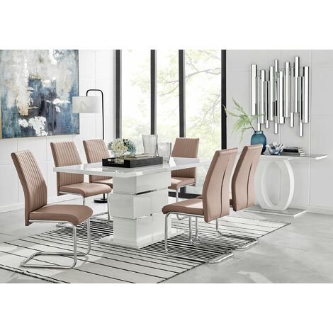 Apollo Rectangle Chrome High Gloss White Dining Table And 6 Cappuccino Grey Lorenzo Chairs Set - Cappuccino