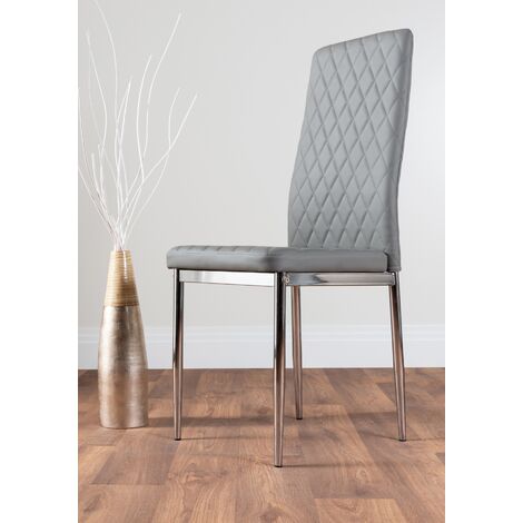 4x Milan Grey Chrome Hatched Faux, Black Leather And Chrome Dining Chairs