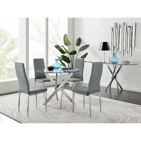 Novara Round Chrome Metal And Glass Dining Table And 4 Grey Milan Dining Chairs Set